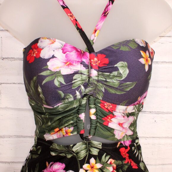 Bar III Women's Floral Keyhole One-Piece Swimsuit Navy Blue Size Large NWT - Picture 6 of 8